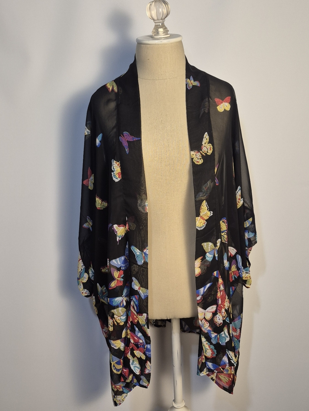 Black Sheer Butterfly Kimono Cardigan Boho Duster Lightweight Womens Large